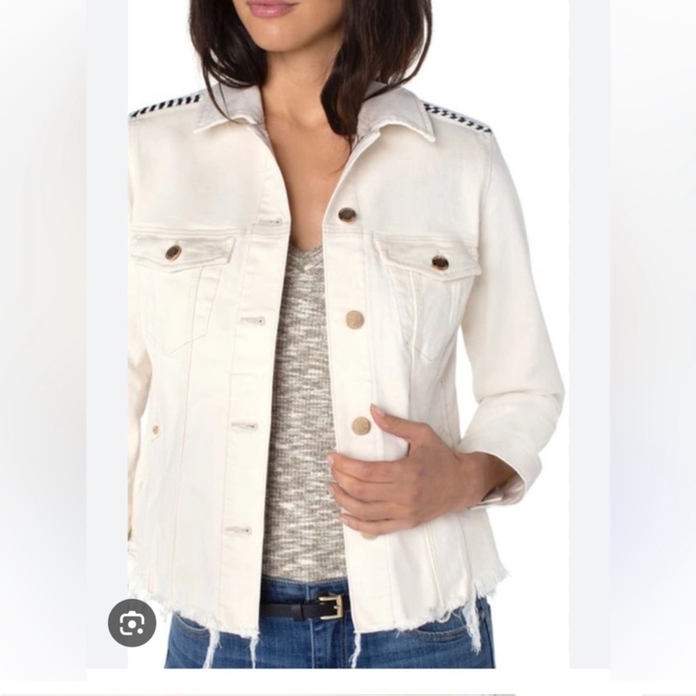 Liverpool Trucker Raw Hem Jean Jacket in Seaside Dunes Ecru color size Small